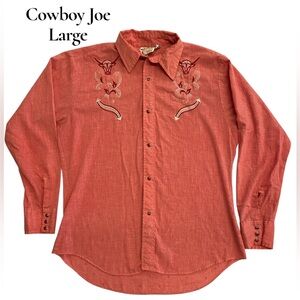 Vintage‎ Cowboy Joe Western Shirt Large Coral Bull Embroidery Rodeo Rockabilly